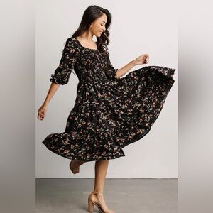 Marta Smocked Midi Dress - Black Floral XS